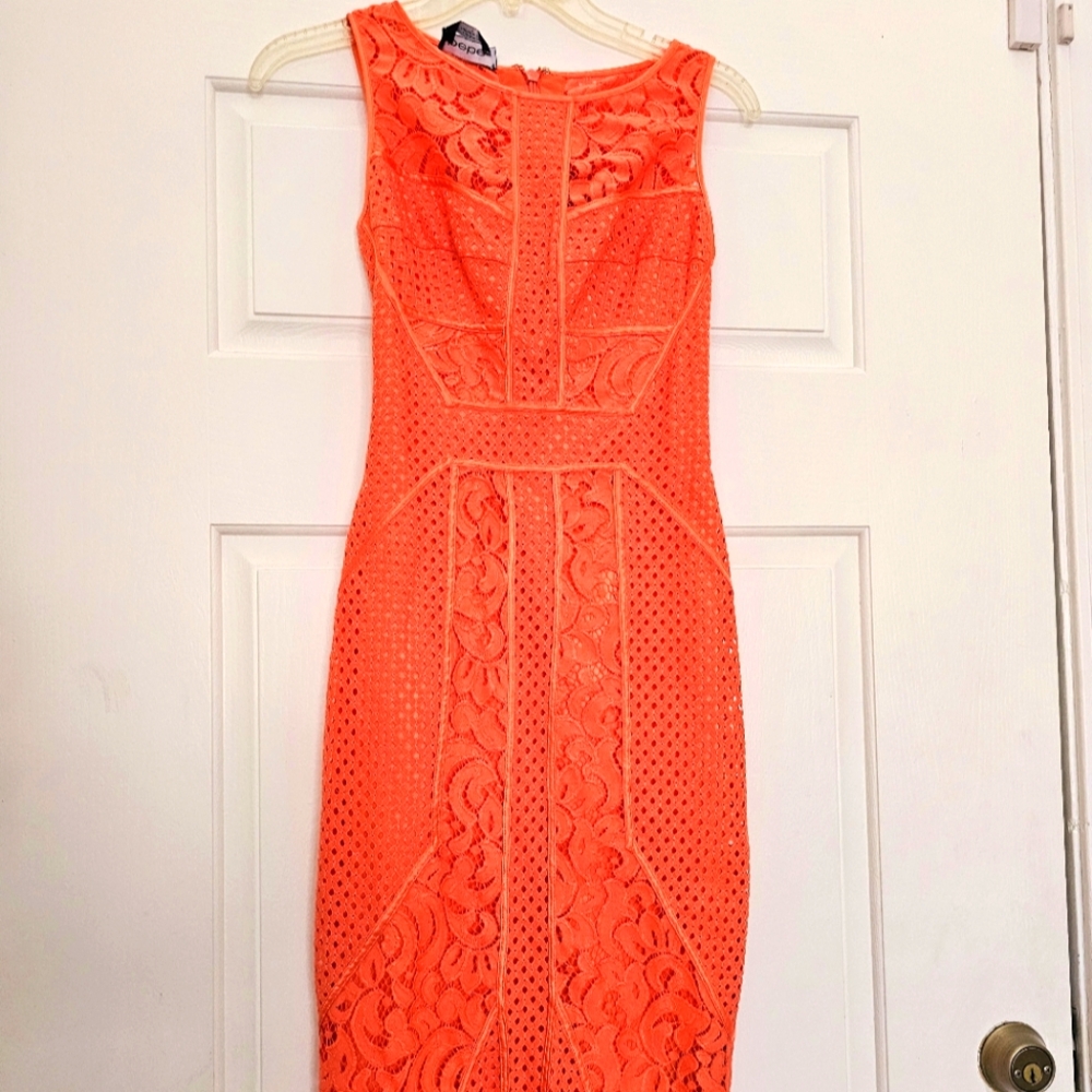 bebe Orange Lace Midi Dress
